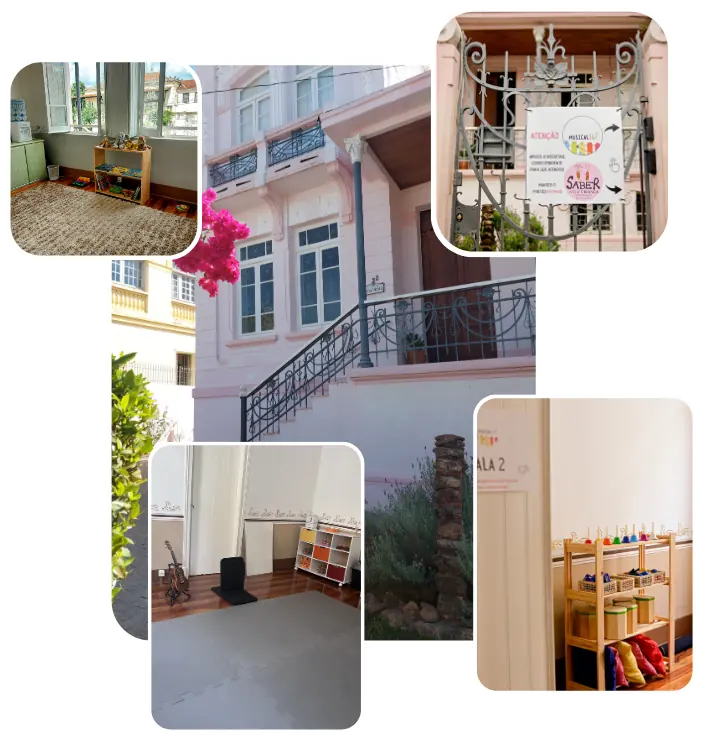 A Casa Rosa, casa centenária no centro de Mococa, com a placa do Musicalisa no portão e as salas de aula por dentro