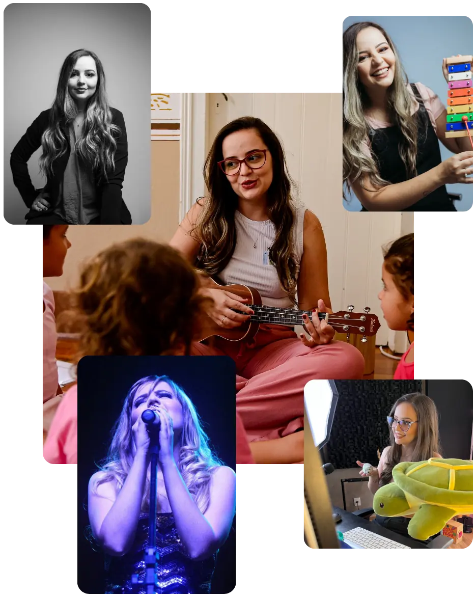 Isa, fundadora do Musicalisa, em sala de aula com o ukulele, no estúdio e cantando no palco