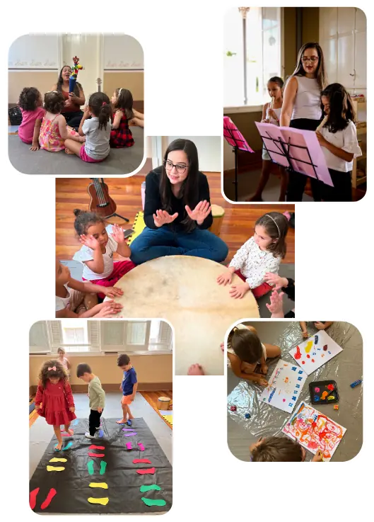 Momentos das aulas do Musicalisa: roda de música, flauta doce, a professora com as crianças no tambor, circuito de pegadas coloridas e pintura